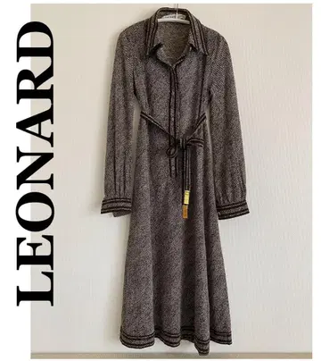 LEONARD 셔츠 컬러 드레스 브라운 계열 제브라 패턴
