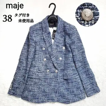 택 포함 미사용품 maje 트위드 더블 자켓 세탁 가능 은색 버튼 라메사