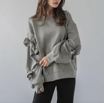라지엠 볼륨 슬리브 맨투맨 긴팔 리본 상의 그레이