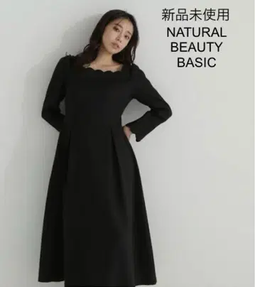 미사용 NATURAL BEAUTY BASIC 스캘럽 넥 플레어 원피스