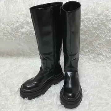 자라 ZARA 롱 부츠 블랙 가죽 24.5 38 통굽 플레인토