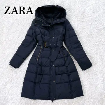 ZARA 롱 다운 코트 벨트 보아 후드 소매 리브 네이비 M