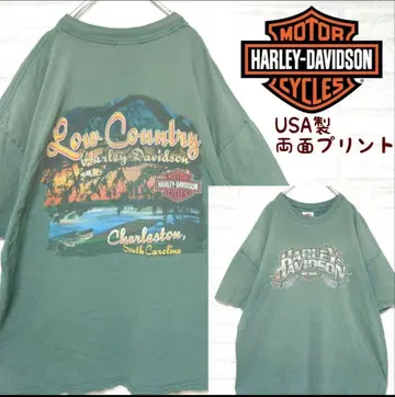 할리데이비슨 양면 프린트 티셔츠 악어 프린트 그린