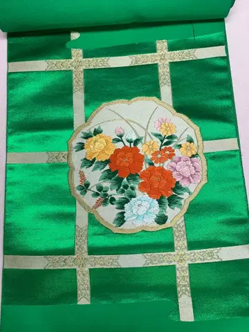 순수 실크 꽃무늬 자수 그린 컬러 오비지 미재단