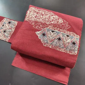 순수 실크 나고야 오비(약 24cm) 적자색 북 패턴  캐주얼 a681