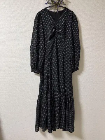 CALNAMUR V넥 여성용 롱 원피스 도트 무늬 프리 사이즈