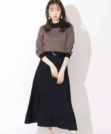 패턴 x 무지 플레어 니트 롱 원피스