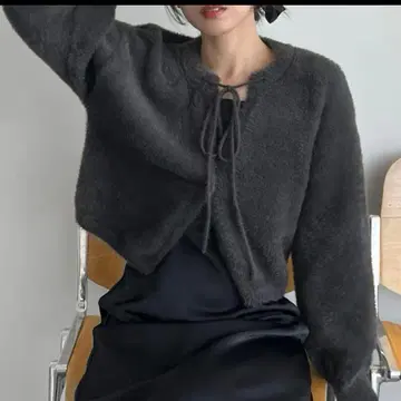 louere 숏 기장 샤기 리본 니트 가디건 S