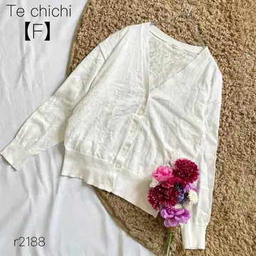 테치치 면 혼방 백 레이스 가디건 V넥 비침 화이트 [ F ]