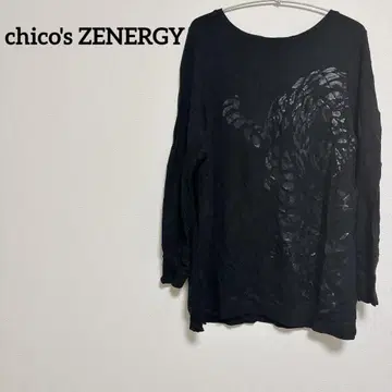 chico's ZENERGY 튜닉 긴팔 크루넥 프린트 패턴 블랙