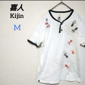키진 금붕어 패턴 T셔츠 하프 버튼 데메킨 일본풍 패턴 코튼 JAPAN