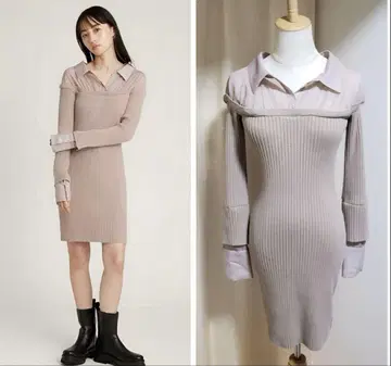 택 포함 새상품 Snidel 오프숄더 니트 도킹 원피스 베이지