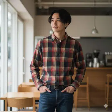 라운드 리자드 좋은 배색 옴브레 체크 일본제 면 긴팔 셔츠 포켓