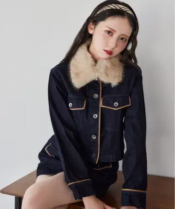 NICE CLAUP 인조 모피 옷깃 파이핑 자켓