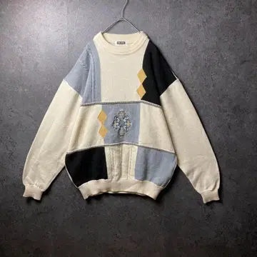 빈티지 니트 4L 빅 사이즈 올 패턴 자수 컬러 절개 오버핏