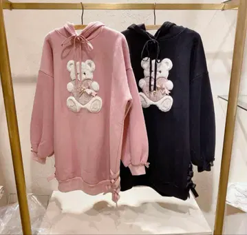 LIZLISA 보아 곰 안감 원피스 후드티 핑크