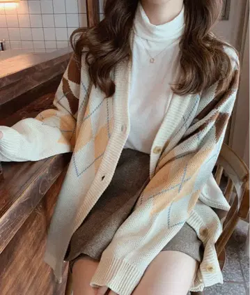 여성용 아가일 무늬 오버 사이즈 니트 가디건