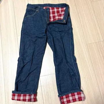 랭글러 다크 블루 데님 팬츠 안감 체크 무늬