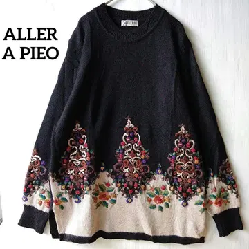 ALLER A PIEO 꽃무늬 자수 니트 스웨터 울 혼방 레트로 블랙