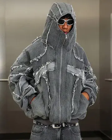 데미지 가공 그레이 오버 사이즈 후드티 사이즈 전개 있음