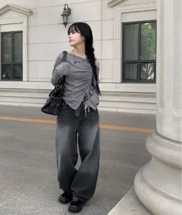 anyonemore 뒷면 절개 워싱 벌룬 와이드 데님 팬츠