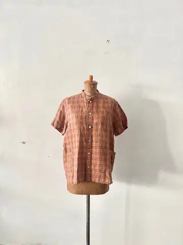 NATURAL LANDRY 밴드 카라 린넨 체크 무늬 셔츠 사이즈 2