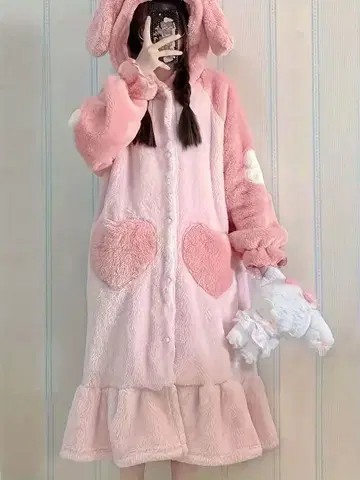 코지 플리스 안감 부착 후드 부착 로브 하트 포켓 부착 긴팔 겨울용