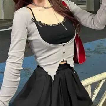Darich 리본 레이스 레이어드 리브 상의