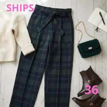 새상품급 SHIPS 쉽스 타탄 체크 와이드 팬츠 리본 벨트 포함