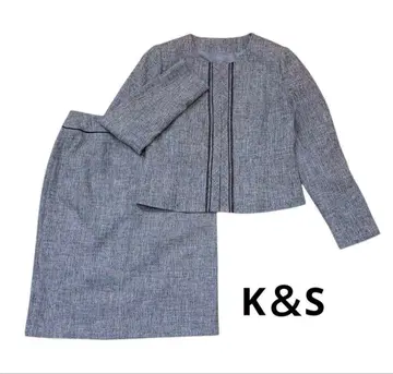 컨디션 최상 K&S 셋업 스커트 수트 그레이 라메 노카라 자켓