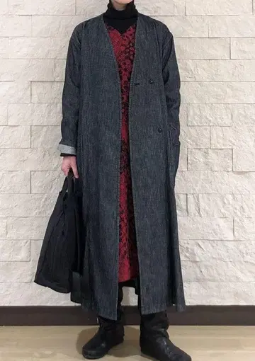 플랜테이션 데님풍 롱 코트 벨트 포함