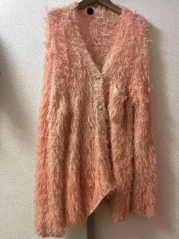 핑크 모헤어 손뜨개질 니트 가디건 버튼 포함 수제 염색
