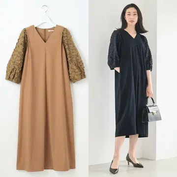 미사용품 자유구 YONEZAWA 레이스 자카드 원피스 브라운 계열