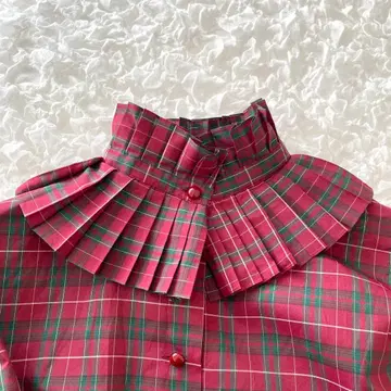플리츠 스탠딩 칼라 블라우스 크리스마스 컬러 실크 블렌드 체크