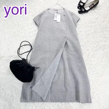 택 포함 새상품 yori 요리 체크 롱베스트 그레이 롱 베스트