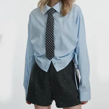 jouetie 개더 넥타이 셔츠 블루