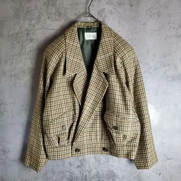 [ 빈티지 ] 블루종 울 크롭 기장 테일러드 체크 무늬 레트로