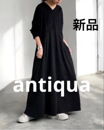 새상품 [ 안티카 ] 티셔츠 원피스 블랙 V넥 긴팔 가을/겨울 롱 원피스