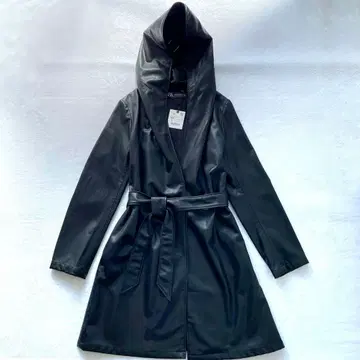 ZARA 택 포함 미사용 인조 가죽 후드 부착 코트 허리 벨트 블랙