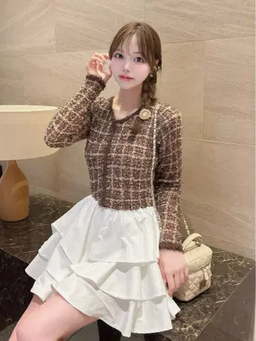 Darich 볼륨 프릴 트위드 미니 원피스