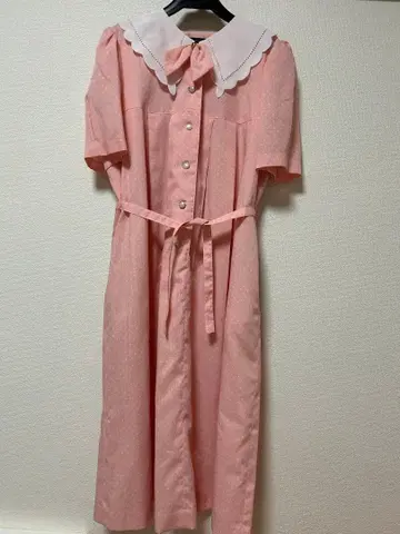 쇼와 레트로 빈티지 핑크 반팔 원피스