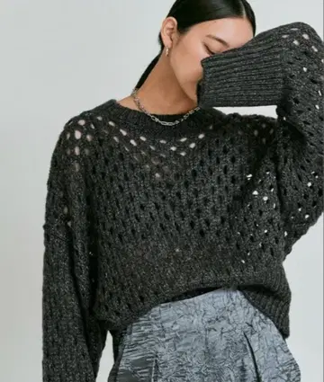 W:Huku 메쉬 루즈 숏 니트 차콜 FREE