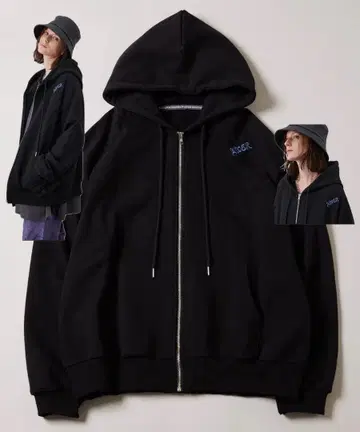 AIVER 헤비 무게 자수 래글런 풀 집업 후드티
