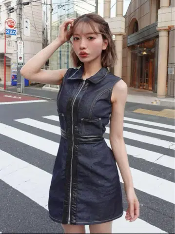 Darich 다리치 가죽 콤비 슬리브리스 데님 미니 원피스