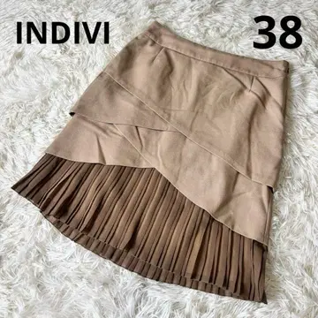INDIVI 이소재 절개 플리츠 스커트 베이지 x 브라운 38