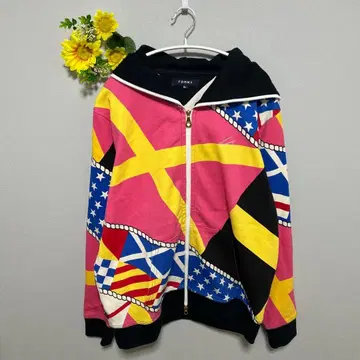 TOMMY 풀 집업 후드티 긴팔 올 패턴 남성용 코튼 100% XL