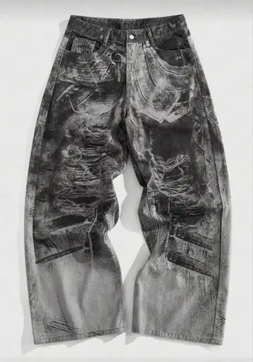 데미지 가공 그레이 와이드 데님 팬츠