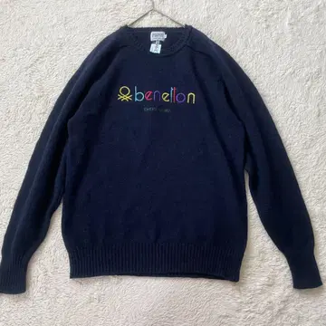 베네통 자수 로고 빈티지 울 니트 스웨터 네이비