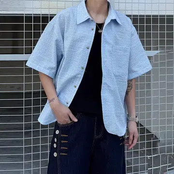 RCMAN 스카이블루 체크 무늬 반팔 셔츠