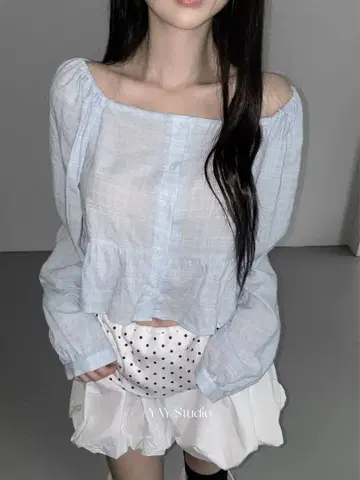 YAY studio 블루 오프숄더 블라우스 여성용 F 사이즈